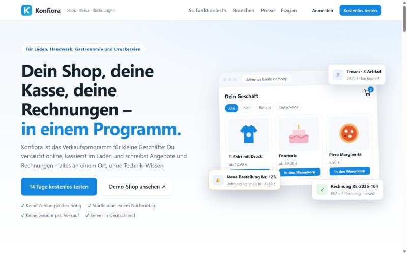Die Startseite – oben rechts „Kostenlos testen“ oder „Anmelden“