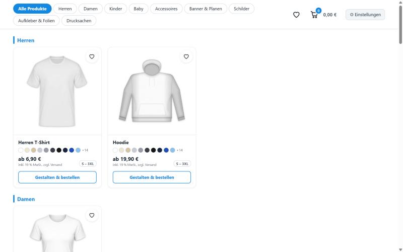 Der Shop: Kategorien oben, Produkte als Karten