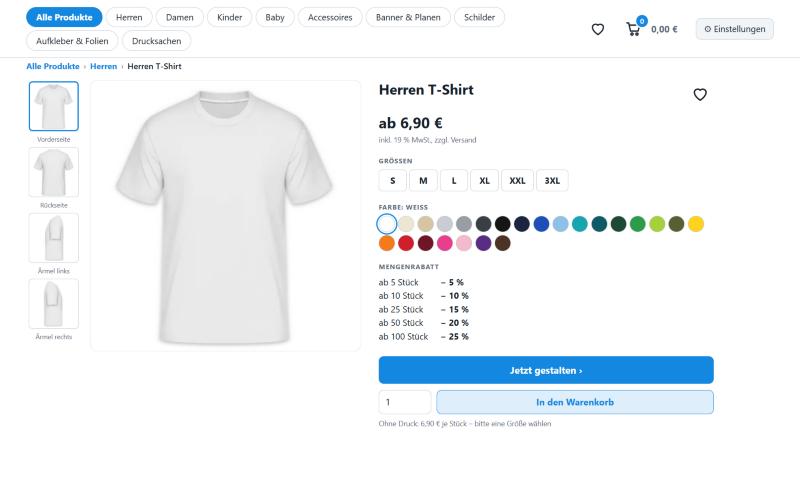 Produktseite: Größe, Farbe, „Jetzt gestalten“ oder direkt in den Warenkorb