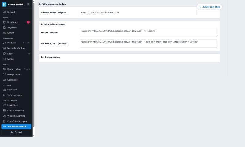 Auf Webseite einbinden: Shop-Link und die fertigen Zeilen zum Kopieren (im Bild eine Test-Adresse)